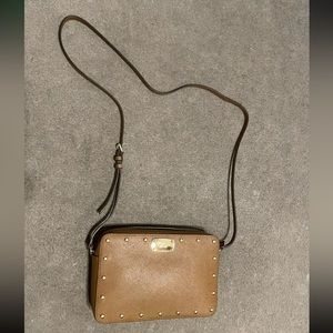 Authentic Michael Kors Brown Saffiano Leather Studded Crossbody Shoulder Bag